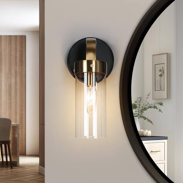 slide 2 of 9, Modern 1-Light Black Gold Cylinder Glass Armed Wall Sconce Dimmable Vanity Light - 4.7" L x 5.5" W x 10" H