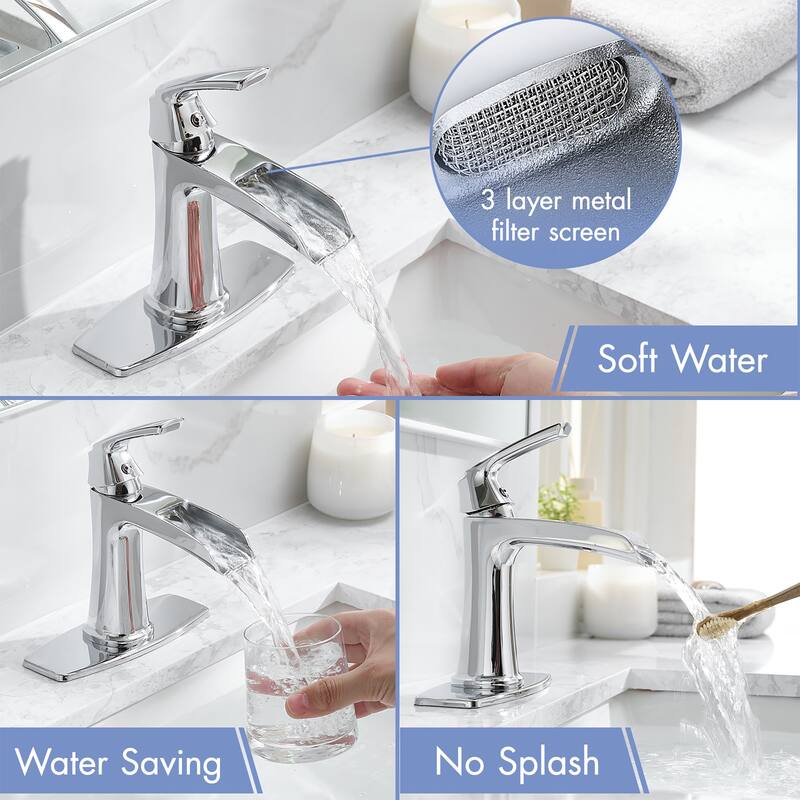 Single hole 1-handle Waterfall Handle Bathroom Sink Faucet with Drain with Deck Plate