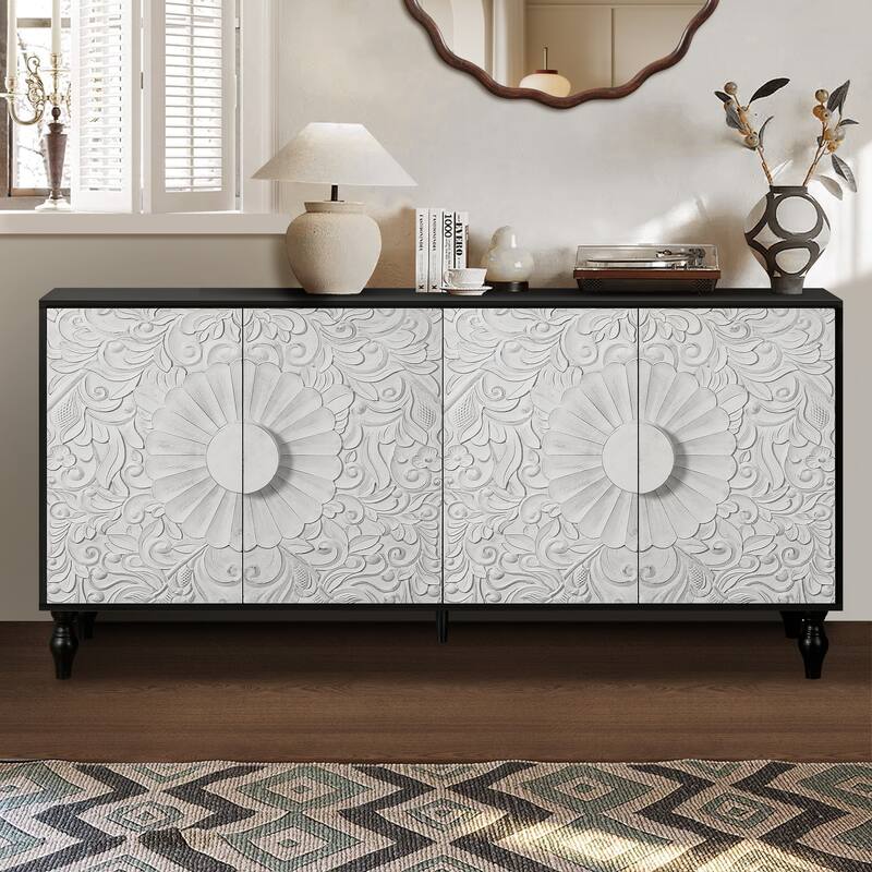 Carved Symmetrical Design Door Sideboard - Black White