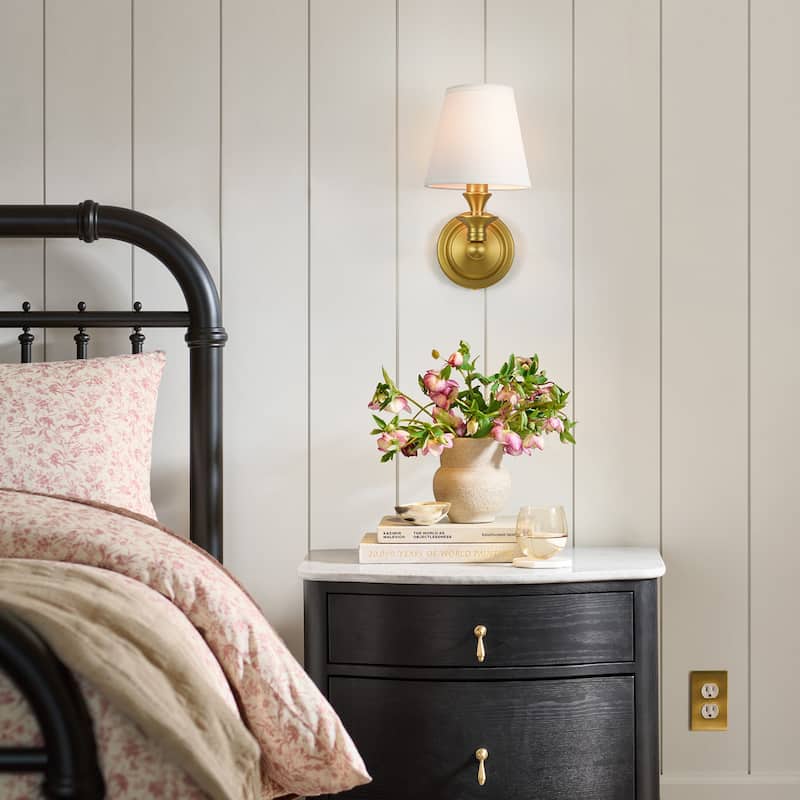 Rennnsan 1-Light Farmhouse Black/Gold Iron Wall Sconce with White Fabric Shade