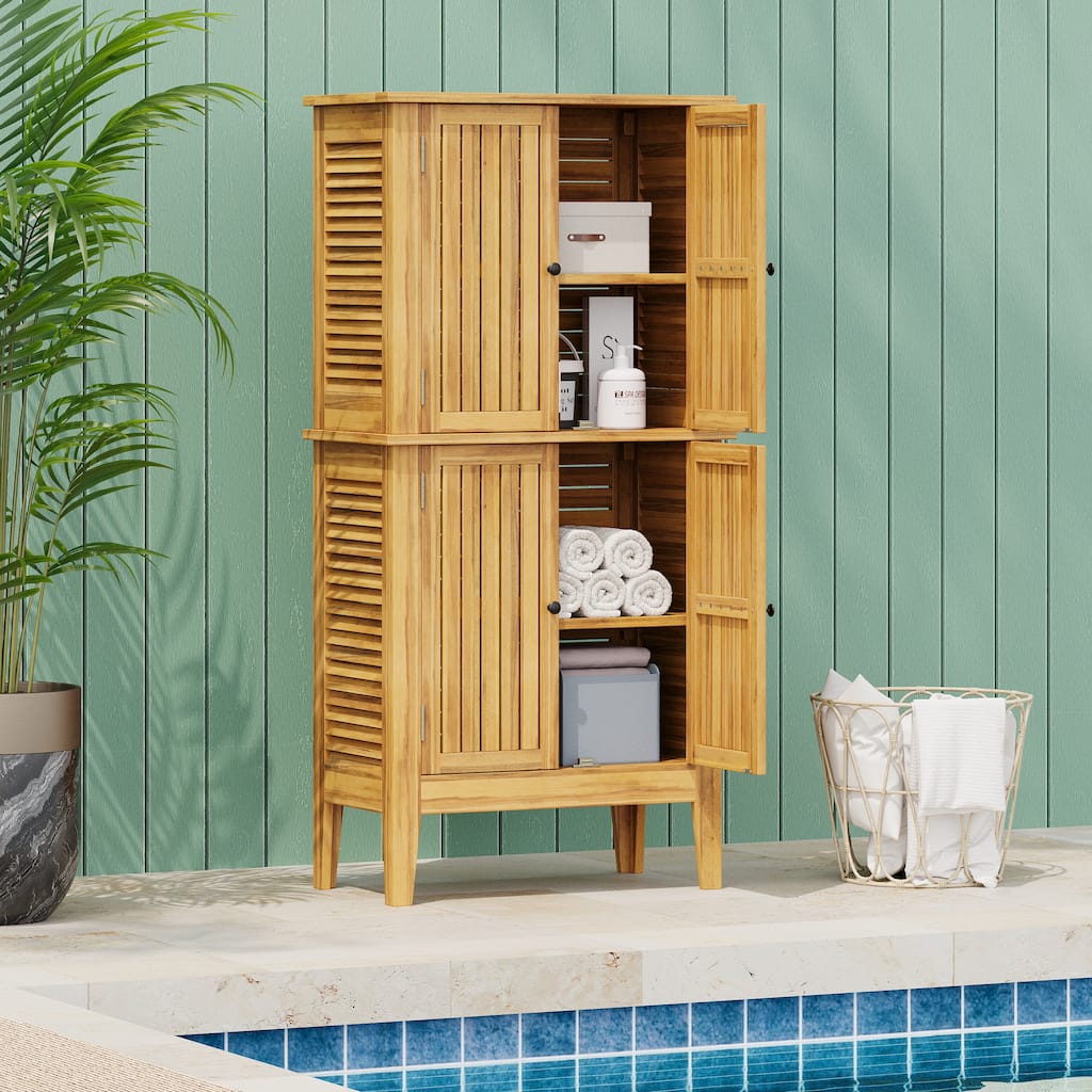 Roomfitters Kedzie Solid Acacia Wood Outdoor Storage Cabinet with Louvered Doors, Coastal Farmhouse, Teak