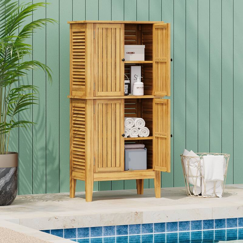 Roomfitters Kedzie Solid Acacia Wood Outdoor Storage Cabinet with Louvered Doors, Coastal Farmhouse, Teak