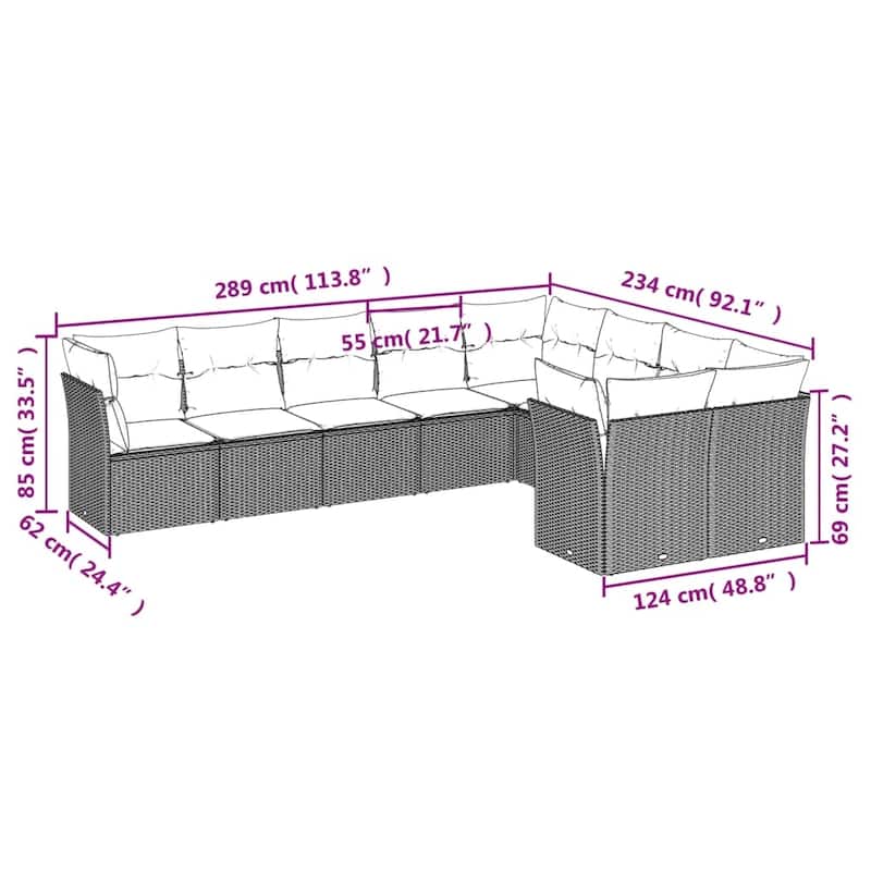 vidaXL 9/10 Piece Patio Sofa Set with Cushions Black/Brown/Gray Poly Rattan - 21.7 x 24.4 x 27.2