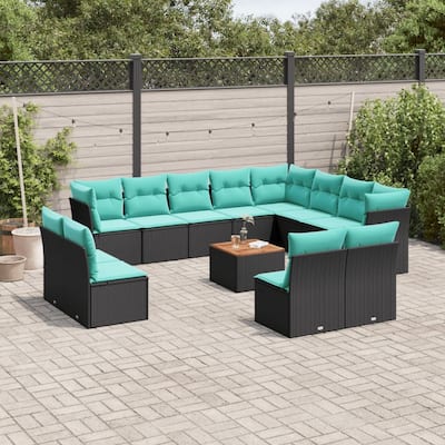vidaXL 13 Piece Patio Sofa Set with Cushions Black Poly Rattan - 113.7x33.5x92.1