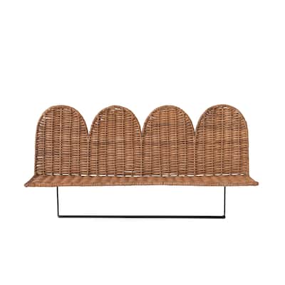 Rattan Wicker Wall Shelf with Scalloped Edge and Metal Rod - 24.0"L x 6.0"W x 12.5"H