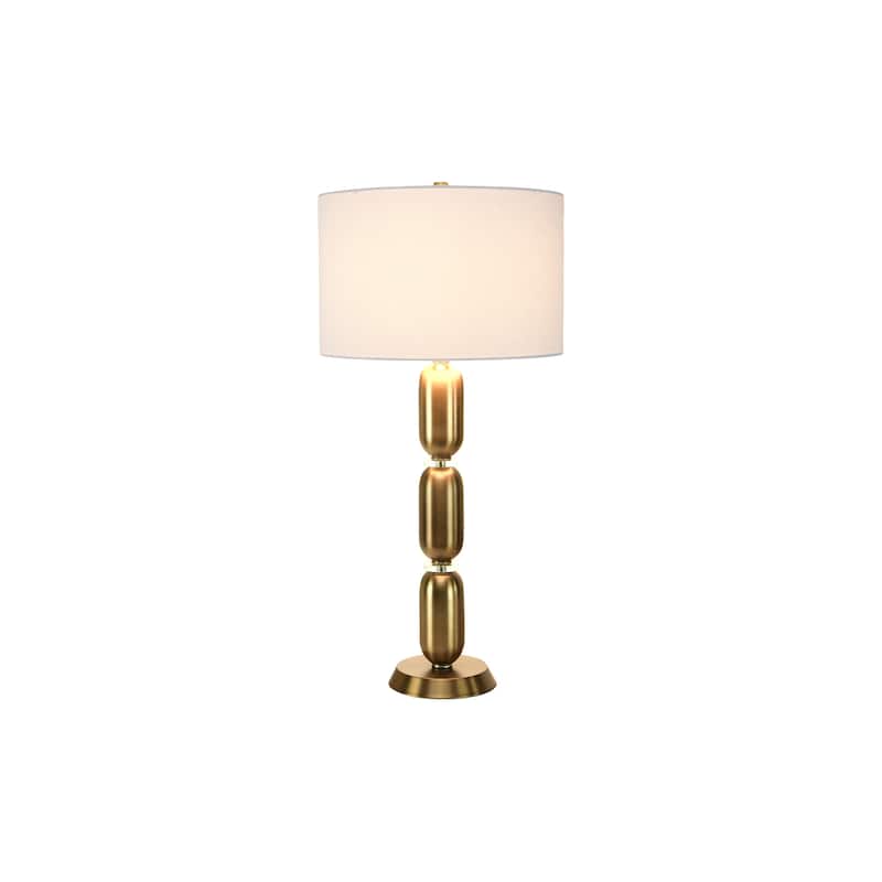 Modern Stacked Metal Table Lamp with Glass Accents and Linen Shade