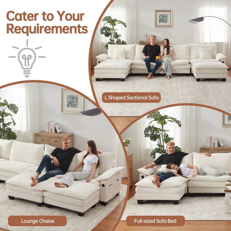 144" Modular Compression Sofa Set Convertible Sectional Sleeper Couch with 2 Ottomans