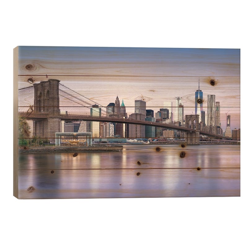 Brooklyn Bridge And Manhattan Skyline On A Winter Morning Print On Wood by Jan Becke - Multi-Color - 18x26x1.5