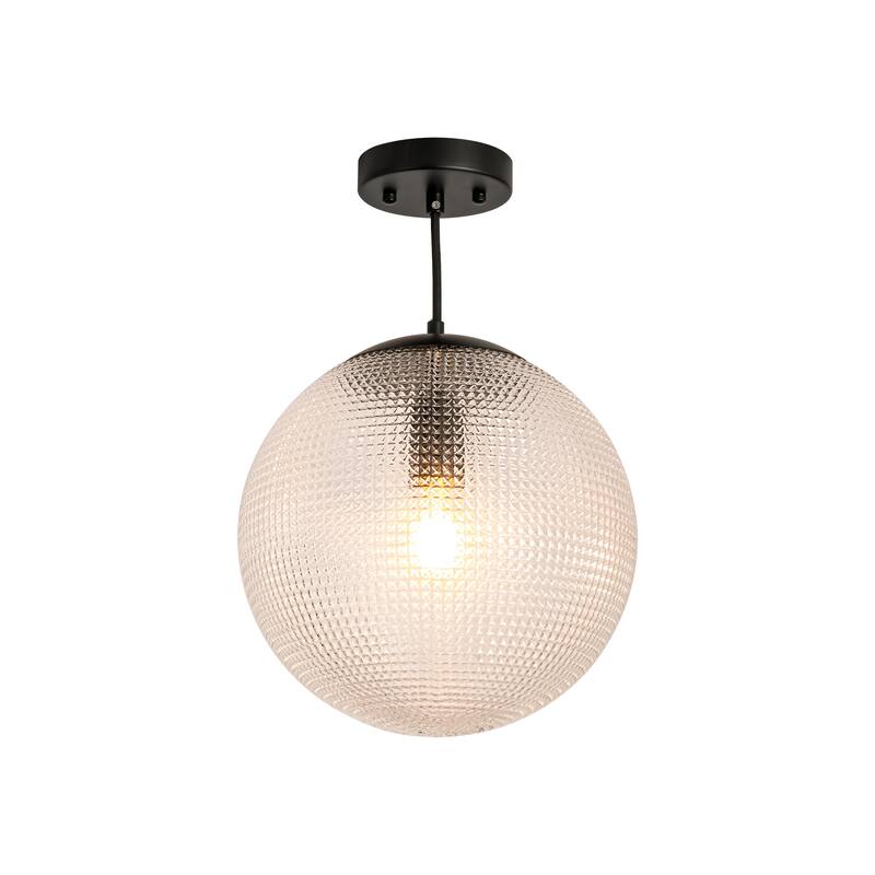 1-Light Modern Indoor Matte Black Finish Kitchen Island Pendant Lights with Globe Diamond Textured Grey/Clear Glass Shade