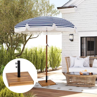 Teak Acacia Wood Umbrella Base with Concrete Fill for 7 Foot Umbrellas 1.25-1.5 Inch Pole Outdoor Patio Stand