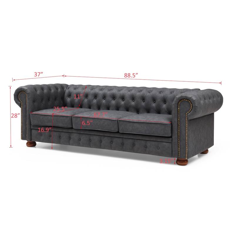 Chesterfield Sofa, 88.5" Upholstered Sofa Couch with Low Back, Roll Arm Nailhead Trim Classic 3 Seater Sofa for Living Room Home