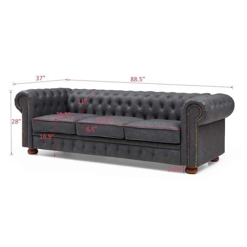 Faux Leather Upholstered 3-Seater Living Room Sofa with Button and Copper Nail on Arms, Classic Chesterfield Sofa