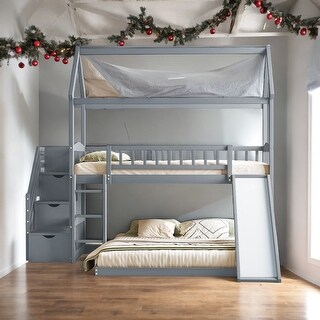 Grey Versatile Twin Over Twin House Bed Bunk Bed with Slide and 2 Drawers