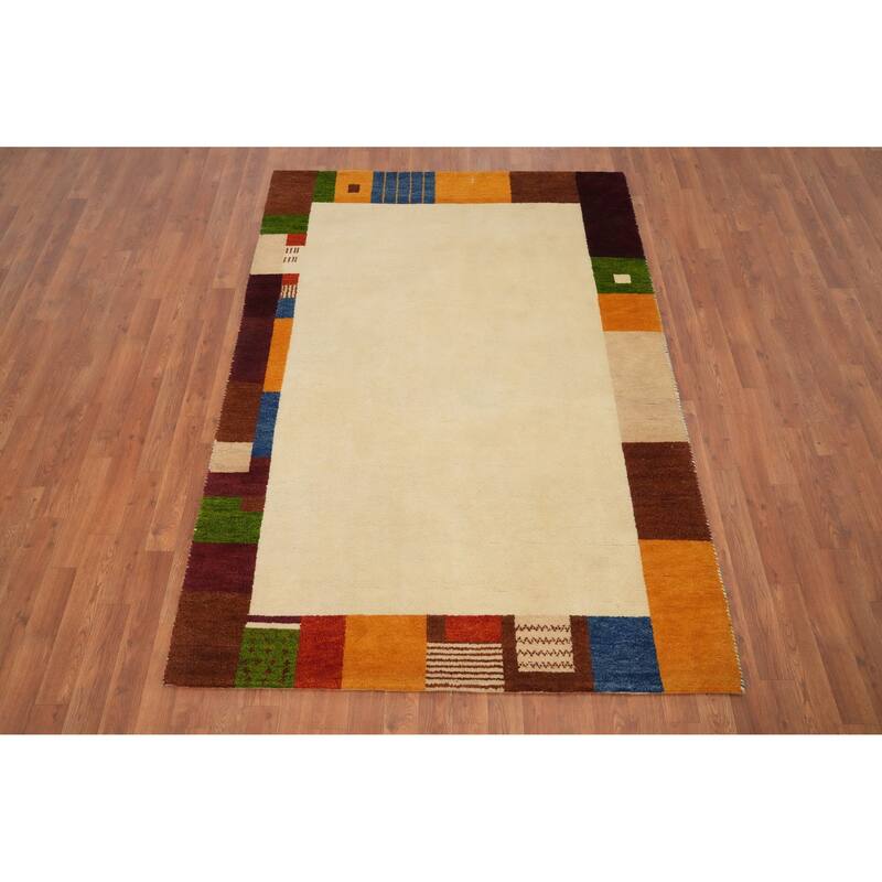 Hand Knotted Oriental 100% Wool Carpet Modern Geometric Beige & Ivories Gabbeh Area Rug - 6' 7'' X 4' 8''