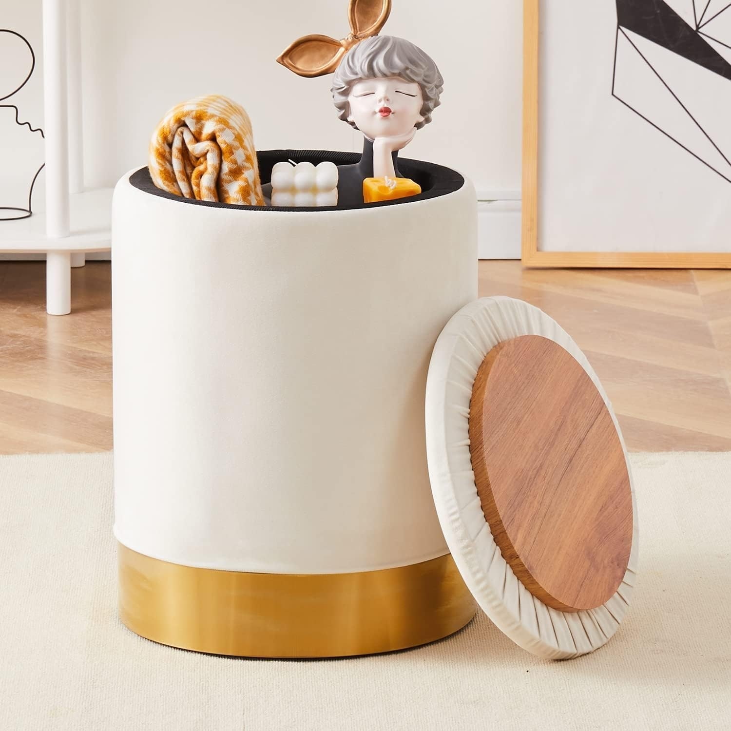 Round Velvet Storage Ottoman with Metal Base, Padded Footrest Stool for Living Room - Cream