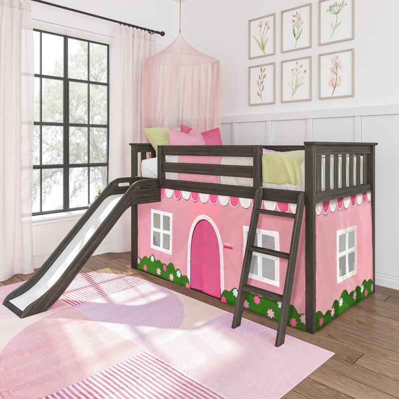 Max and Lily Classic Twin over Twin Low Bunk with Easy Slide and Curtain - Clay