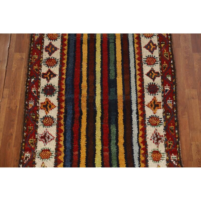 Hand Knotted Oriental 100% Wool Carpet Modern Geometric Multi-Colored Gabbeh Runner Rug - 11' 11'' X 3' 7''