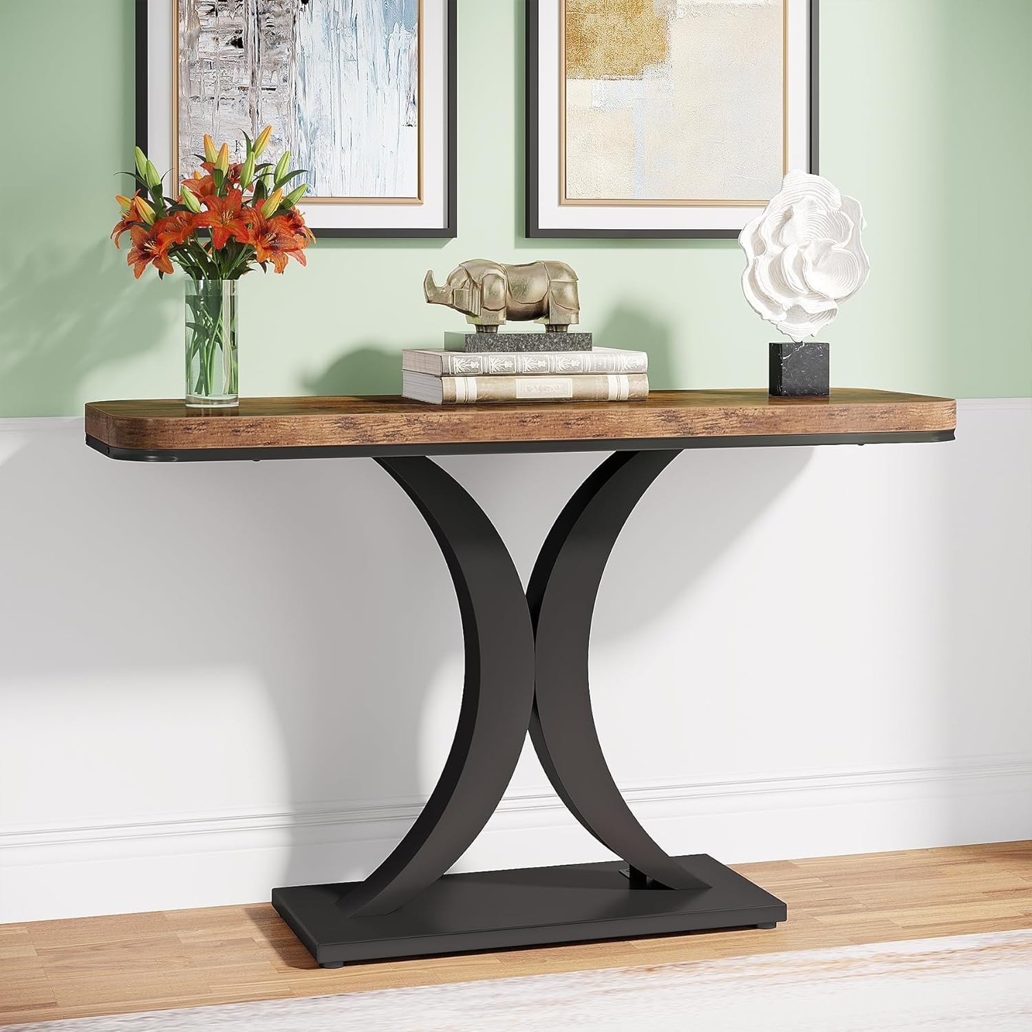 Wood Narrow Console Table with Geometric Base - 39.4