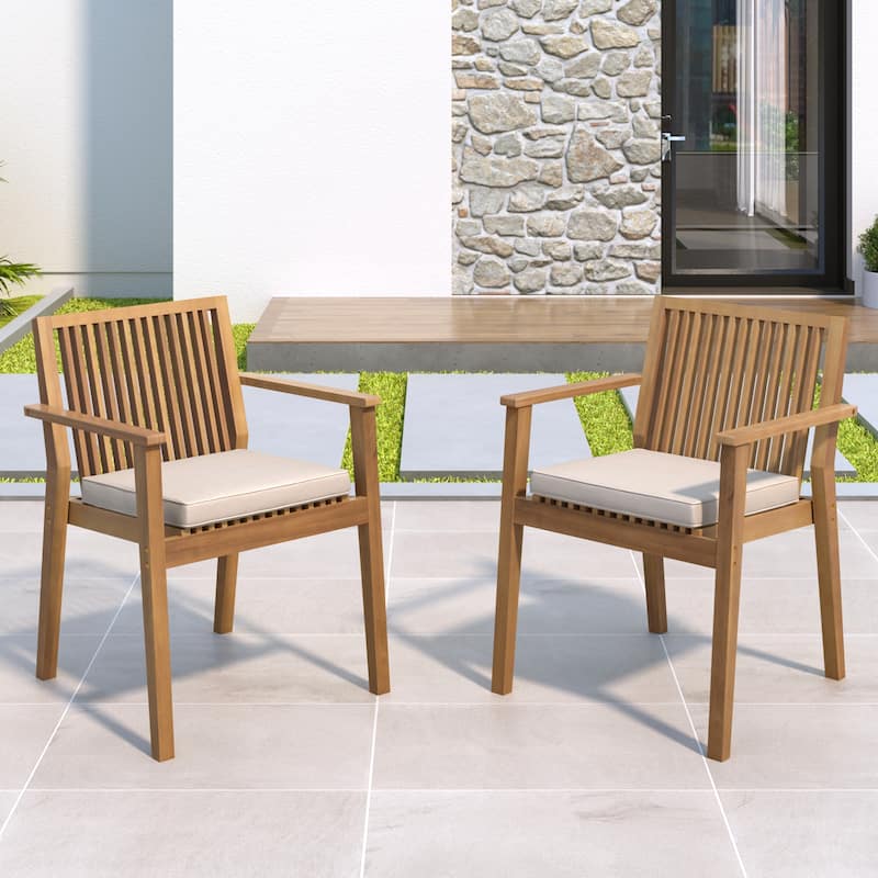 Patio Dining Chair Set of 2 - Sturdy Acacia Wood, Comfortable Waterproof Seating, 400 lbs Capacity, Brown Color Frame - Beige,Brown