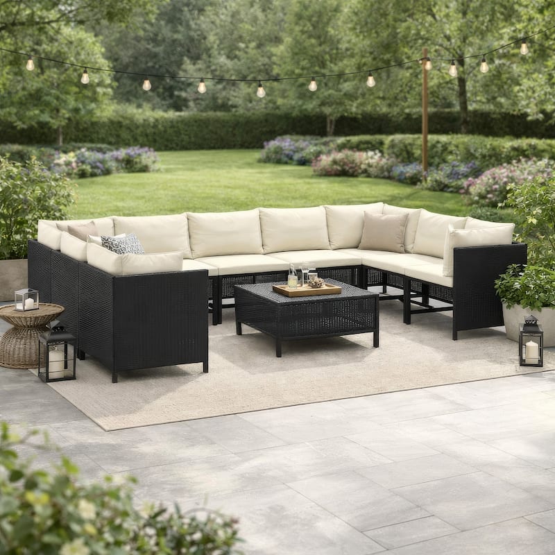 Reno 9pc Outdoor Modular Corner Sofa Set, Ivory Cushions, Black Rattan