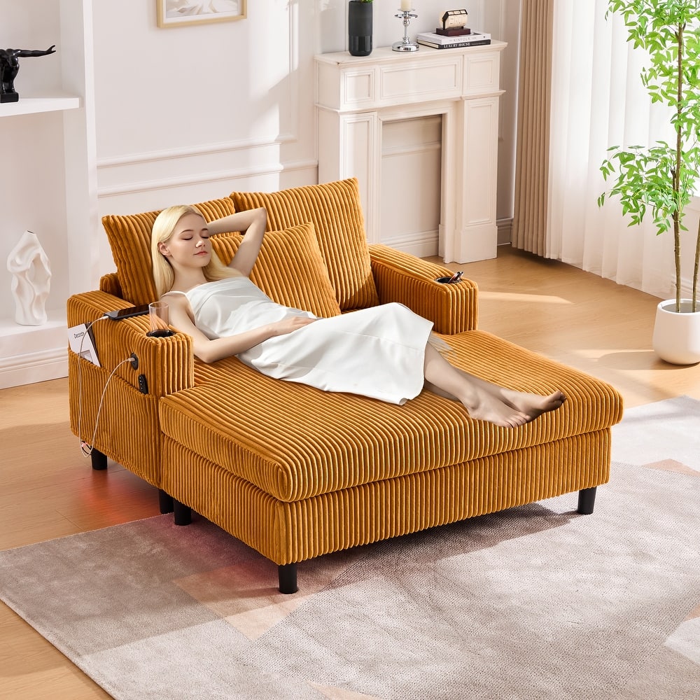 Recliner Sofa Loveseat with Chaise Lounge, Sleeper Sofa with USB & Type-C Charging Ports, Sofa Bed with Cup Holders