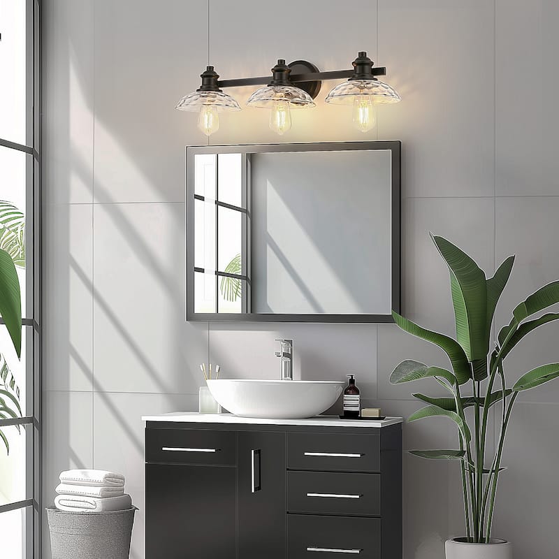 YANSUN 25 in. 3-Light Black Metal Vanity Light Fixtures for Bathroom with Elegant Glass Shades - OA-JQ30501CBL-3A**