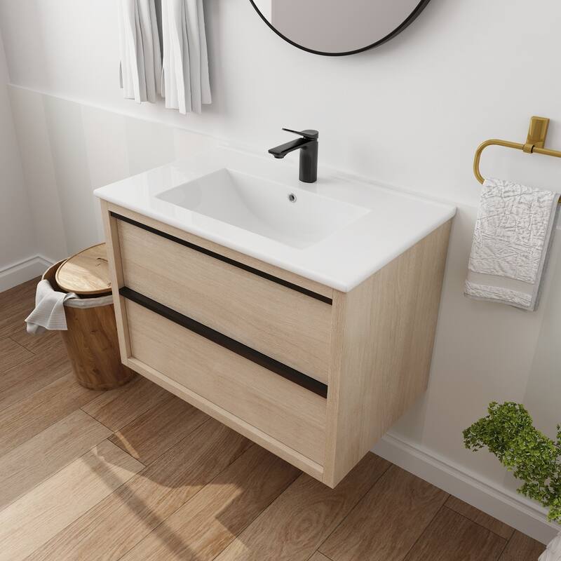 Wall-Mounted Plywood Bathroom Vanity Set in Plain Light Oak with Integrated Sink