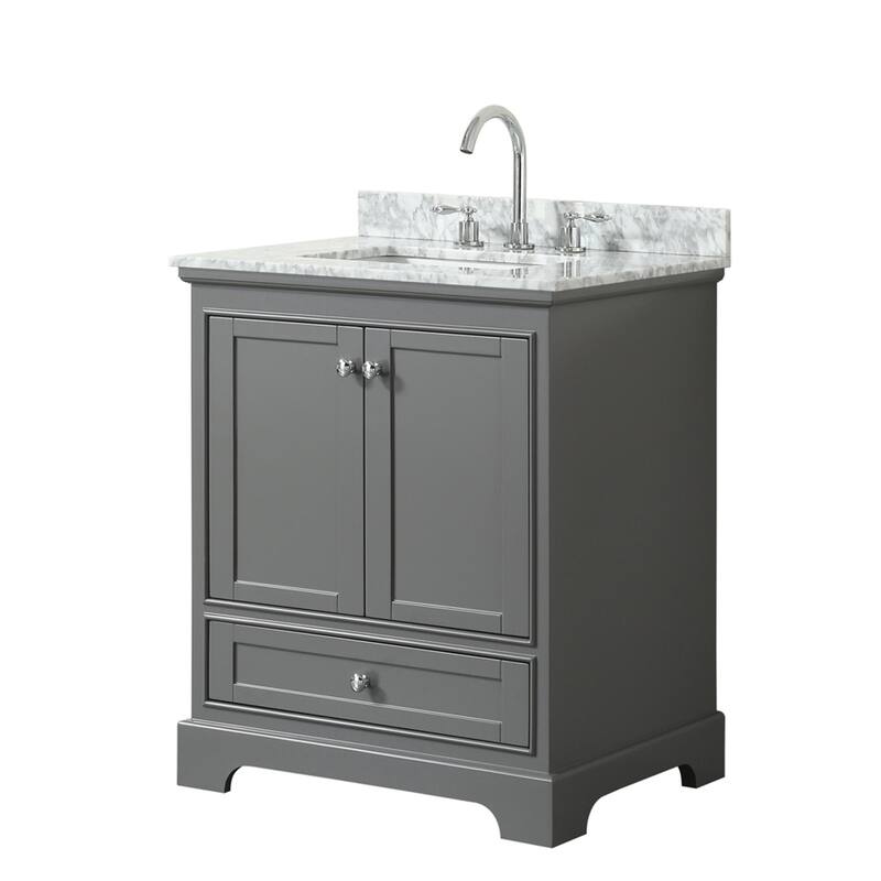 Wyndham Collection Deborah 30" Free Standing Single Vanity Set with - Dark Gray / White Carrara Marble Top / Polished - Steel Finish