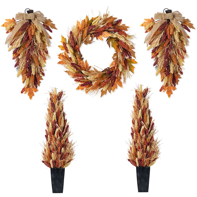 Glitzhome Fall Multi-Colored Sorghum Garland Wreath Swag with Black Metal Wreath Hanger - Set of 5-Trees & Swags & Wreath