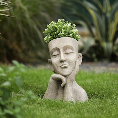 Speckled Beige Thoughtful Bust Head MgO Indoor/ Outdoor Statue Planter
