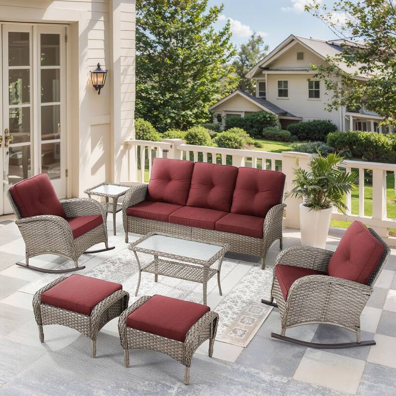 7-Piece Sofa with Rocking Chairs Ottomans and Table Set - Grey - Red