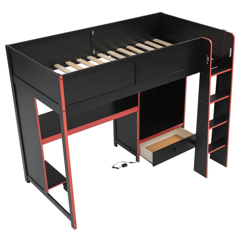 Wood Twin Size Gaming Loft Bed With Built-In Desk, Wardrobe, LED And A Drawer