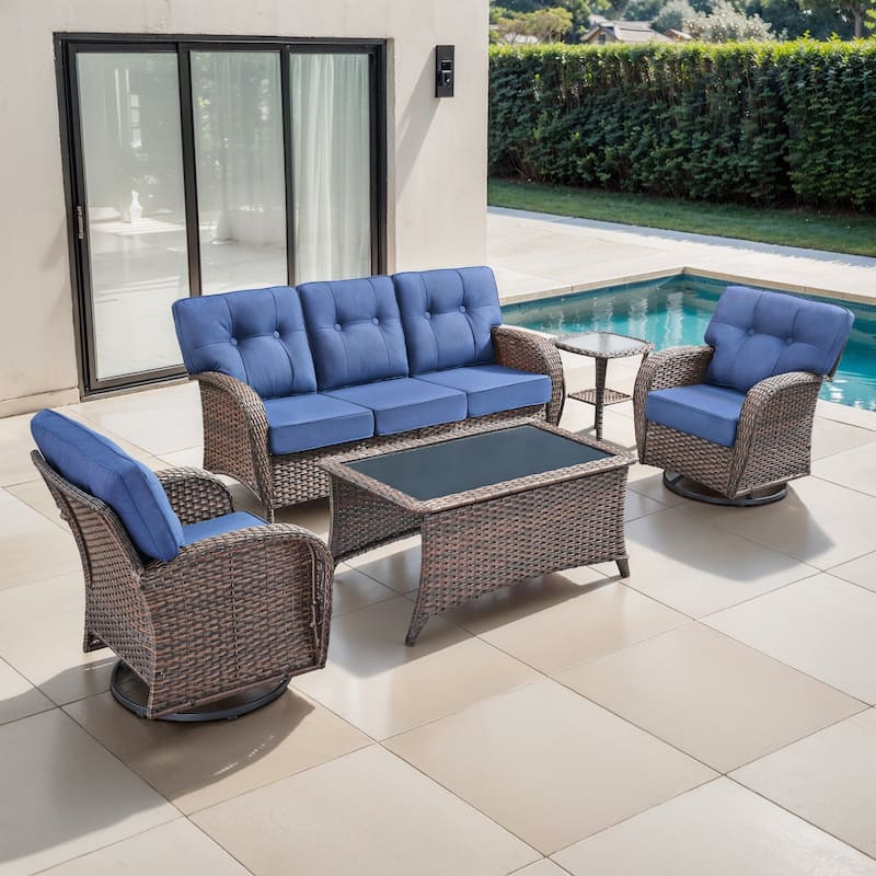 TWrap 5-Piece Patio Brown Wicker Sofa Conversation Set with 5-Inch Thick Cushions