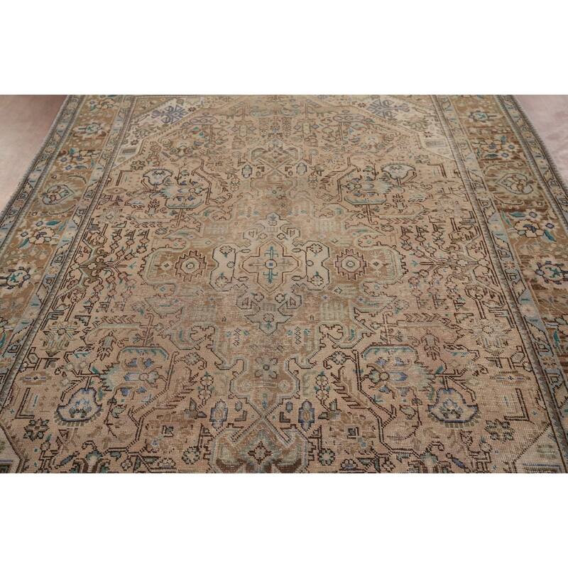 Distressed Tabriz Vintage Persian Rug Hand-Knotted Peach Wool Carpet - 6'7" x 9'8"