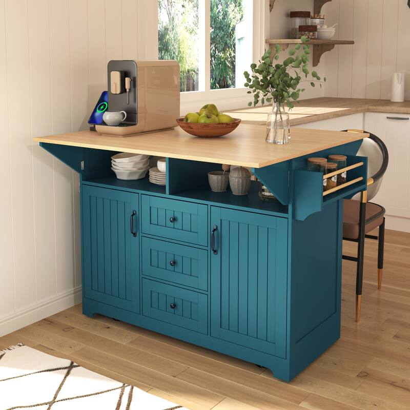 Rolling Kitchen Island with 2 Folding Drop Leaf, Wooden Cupboard Spice Storage Cabinet Pantry with Towel Rack and 3 Drawers