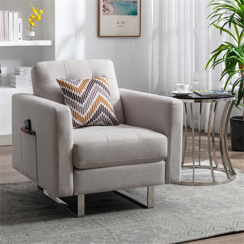 Linen Fabric Armchair with Metal Legs, Side Pockets, and Pillow
