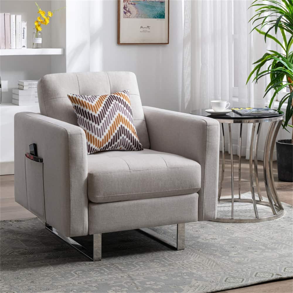 Linen Fabric Armchair with Metal Legs, Side Pockets, and Pillow