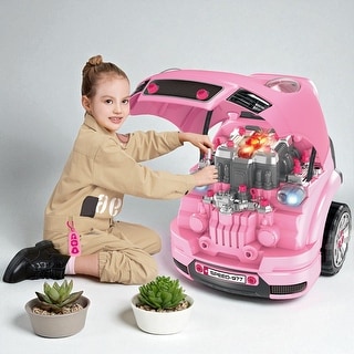 61-Piece Kids Engine Repair Toy Set with Lights, Horn, Tools & Storage - Car Service Mechanic Playset for Ages 3-5 - Pink