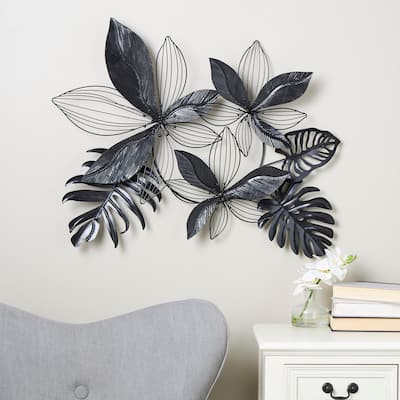 Black Metal Tropical Floral Home Wall Decor with Wire Accents