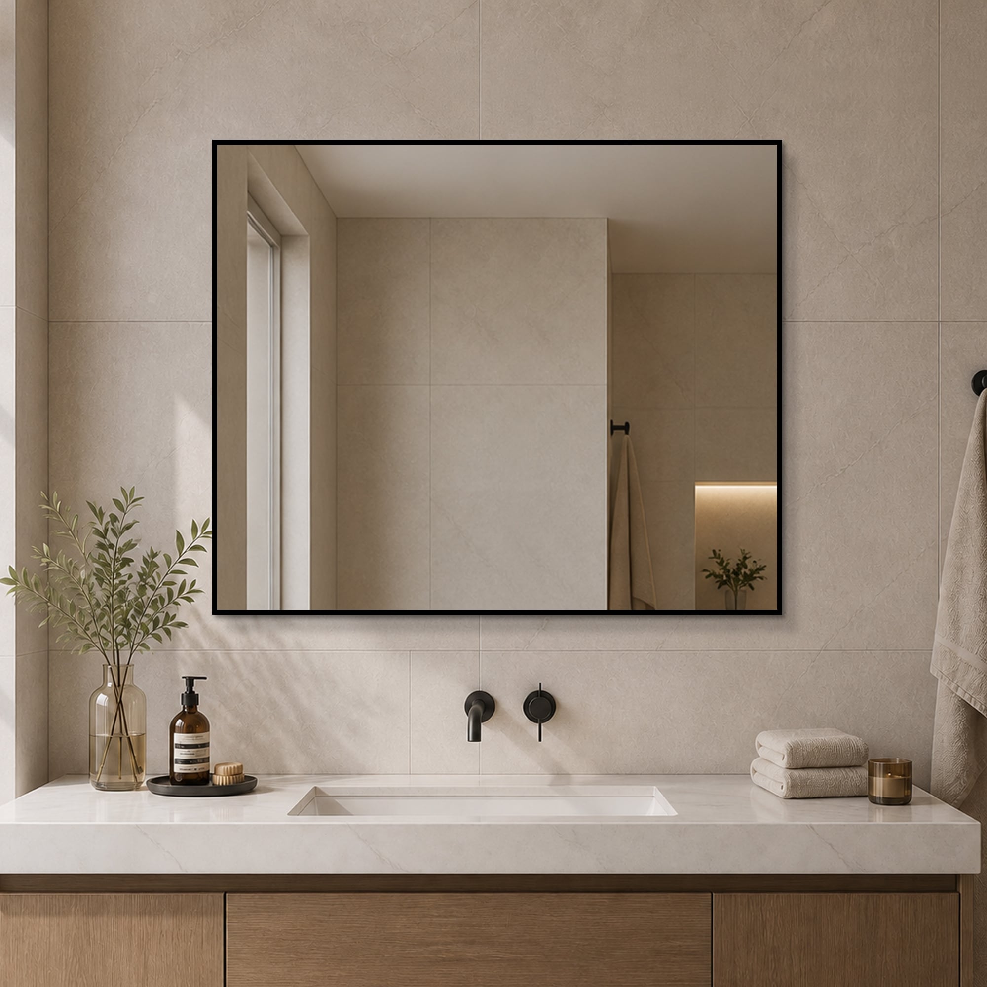 30" H x 36" W Rectangular Black Aluminum Framed Bathroom Wall Mirror, Horizontal or Vertical