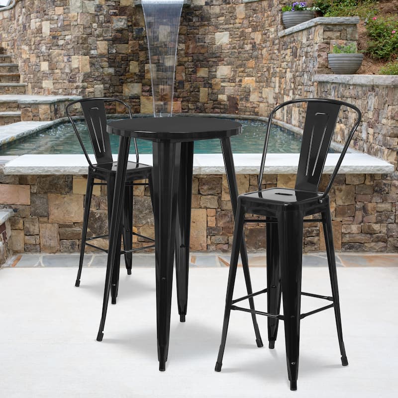 24'' Round Metal Indoor-Outdoor Bar Table Set with 2 Cafe Stools - 24"W x 24"D x 41"H