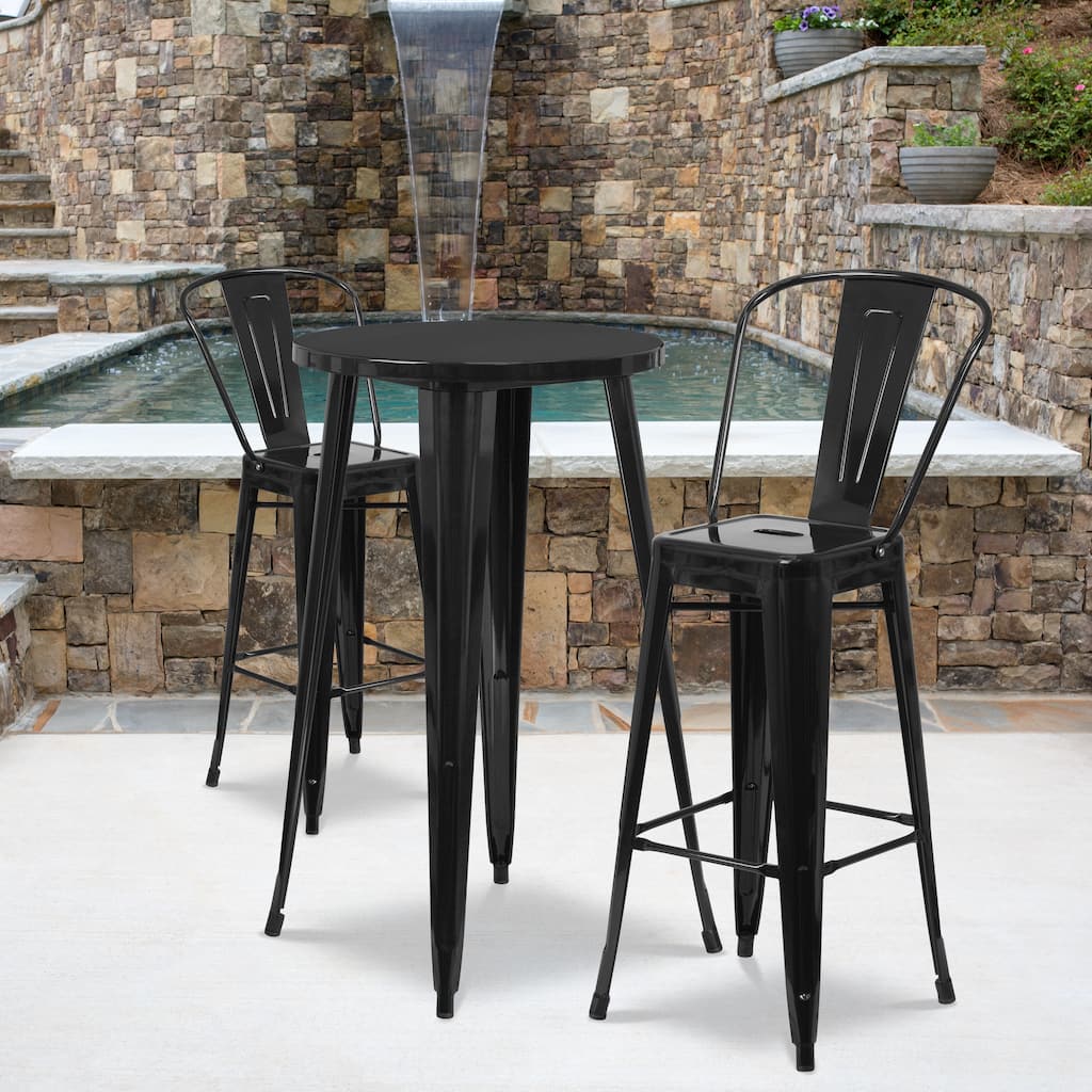 24'' Round Metal Indoor-Outdoor Bar Table Set with 2 Cafe Stools - 24"W x 24"D x 41"H