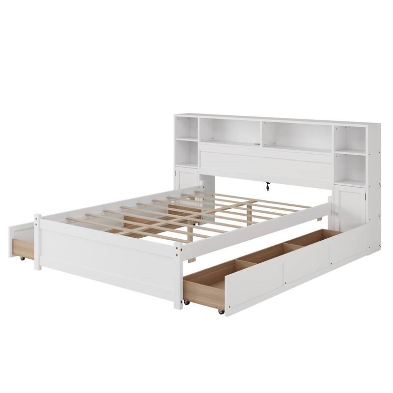 Twin/Full Size Platform Bed with 6 Storage Drawers and Tall Extended Bookcase Headboard, Wooden Storage Bed w/ Charging Station