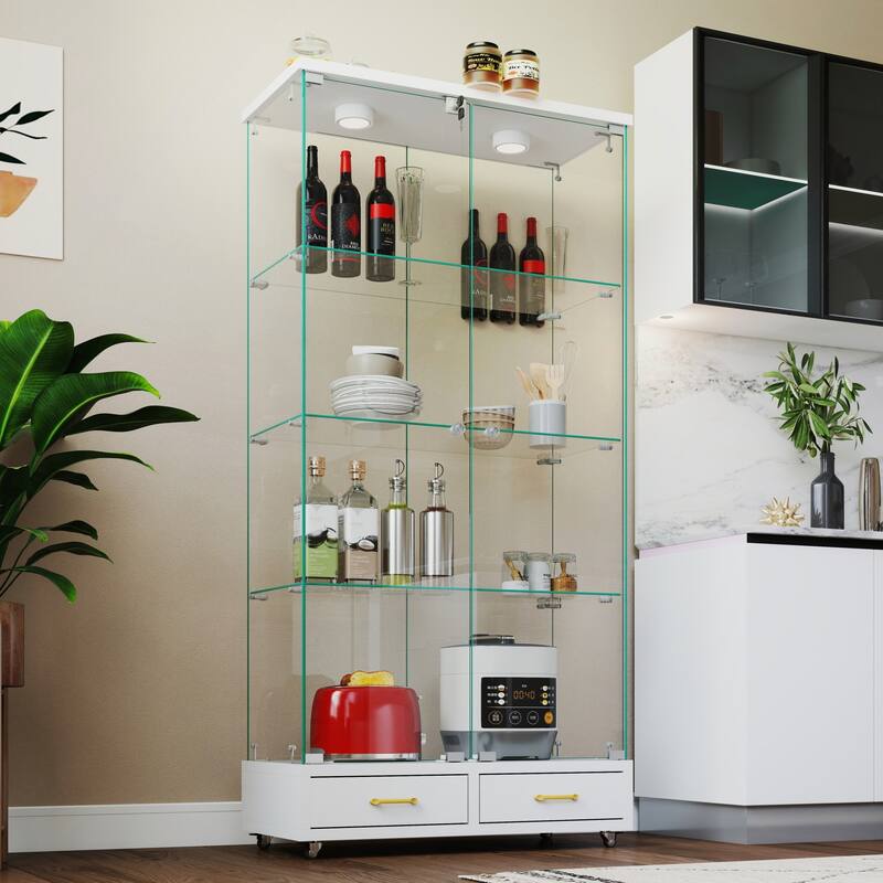 Modern Glass Display Cabinet with Large Drawer for Living Room and Bedroom