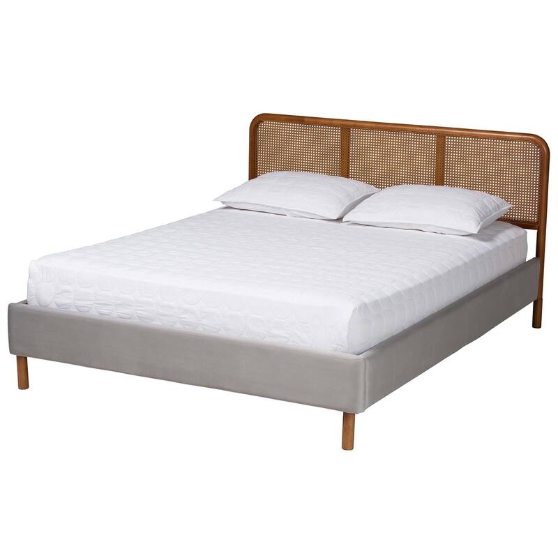 Rosita Mid-Century Modern Transitional Light Grey Velvet Fabric and Walnut Brown Finished Wood Queen Size Platform Bed - Queen