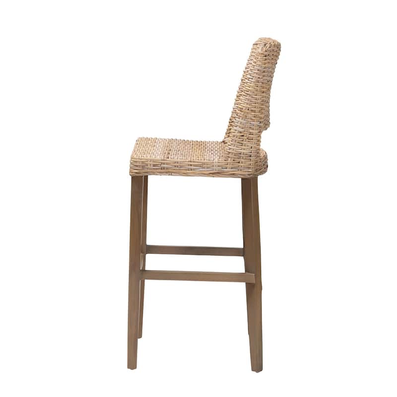Magy Modern Bohemian Grey Kubu Rattan and Mahogany Wood Bar Stool