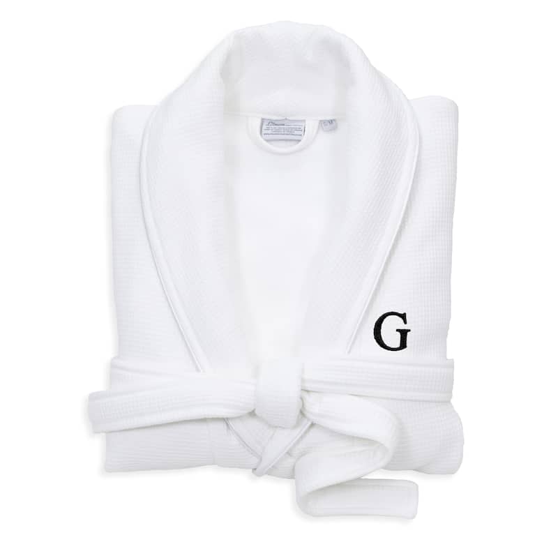 Authentic Hotel and Spa White Unisex Turkish Cotton Waffle Weave Terry Bath Robe with Black Block Monogram - S/M - G