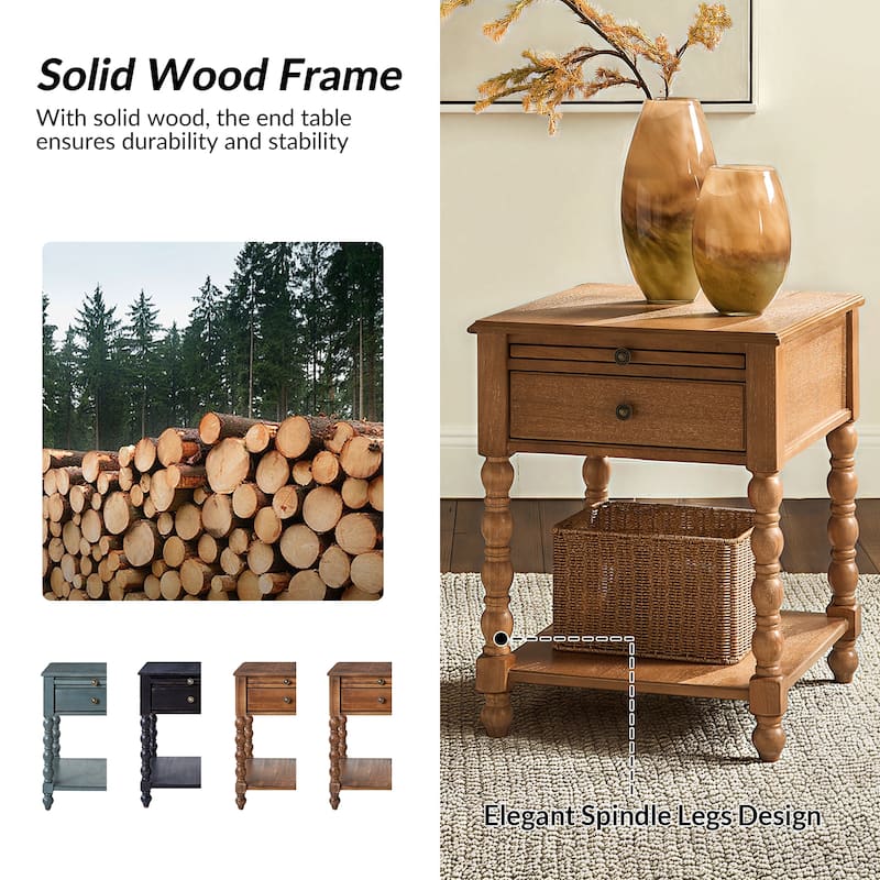 HULALA HOME Eric Traditional 26" Tall Solid Wood End Table with Built-in Charging Station and Extendable Tray