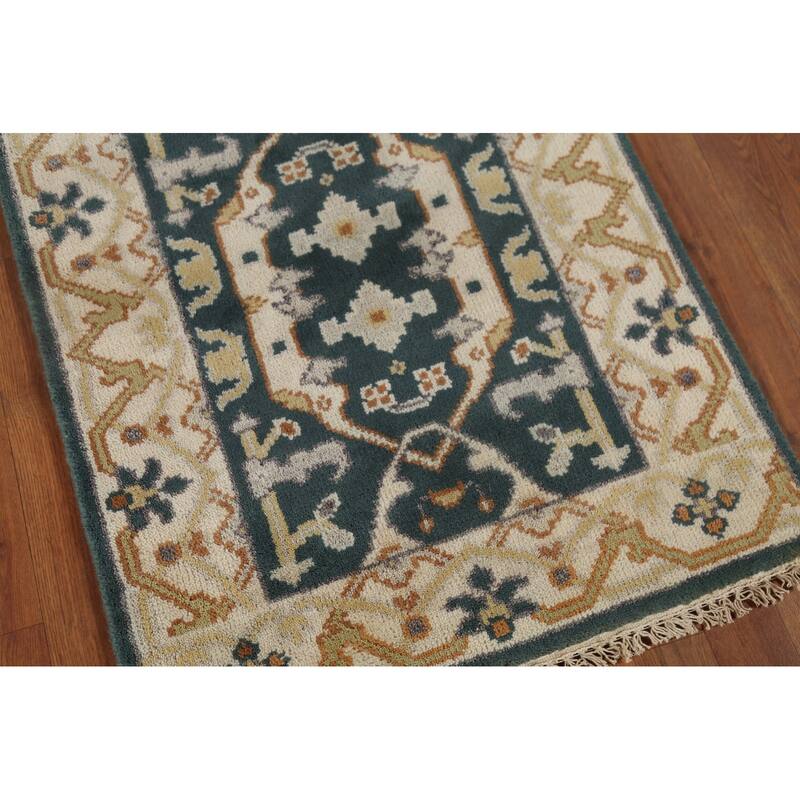 Handamde Green Oushak Oriental Runner Rug Hand-Knotted Wool Carpet - 2'7"x 9'8"