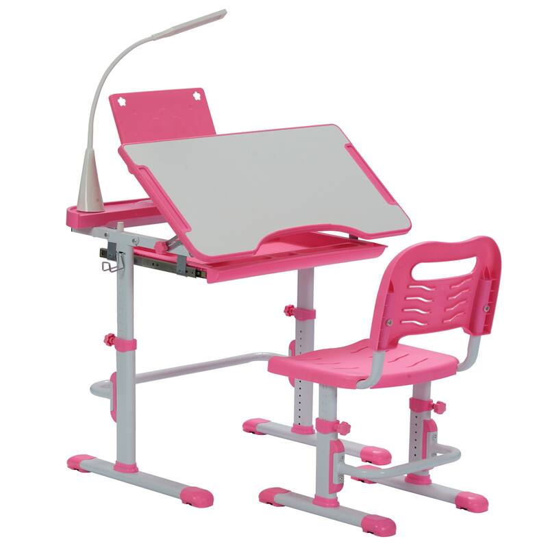 Ukuowu Height Adjustable Child's School Study Kids Desk and Chair Set with Tilt Desktop, LED Light, Storage Drawer, Book Stand - Pink